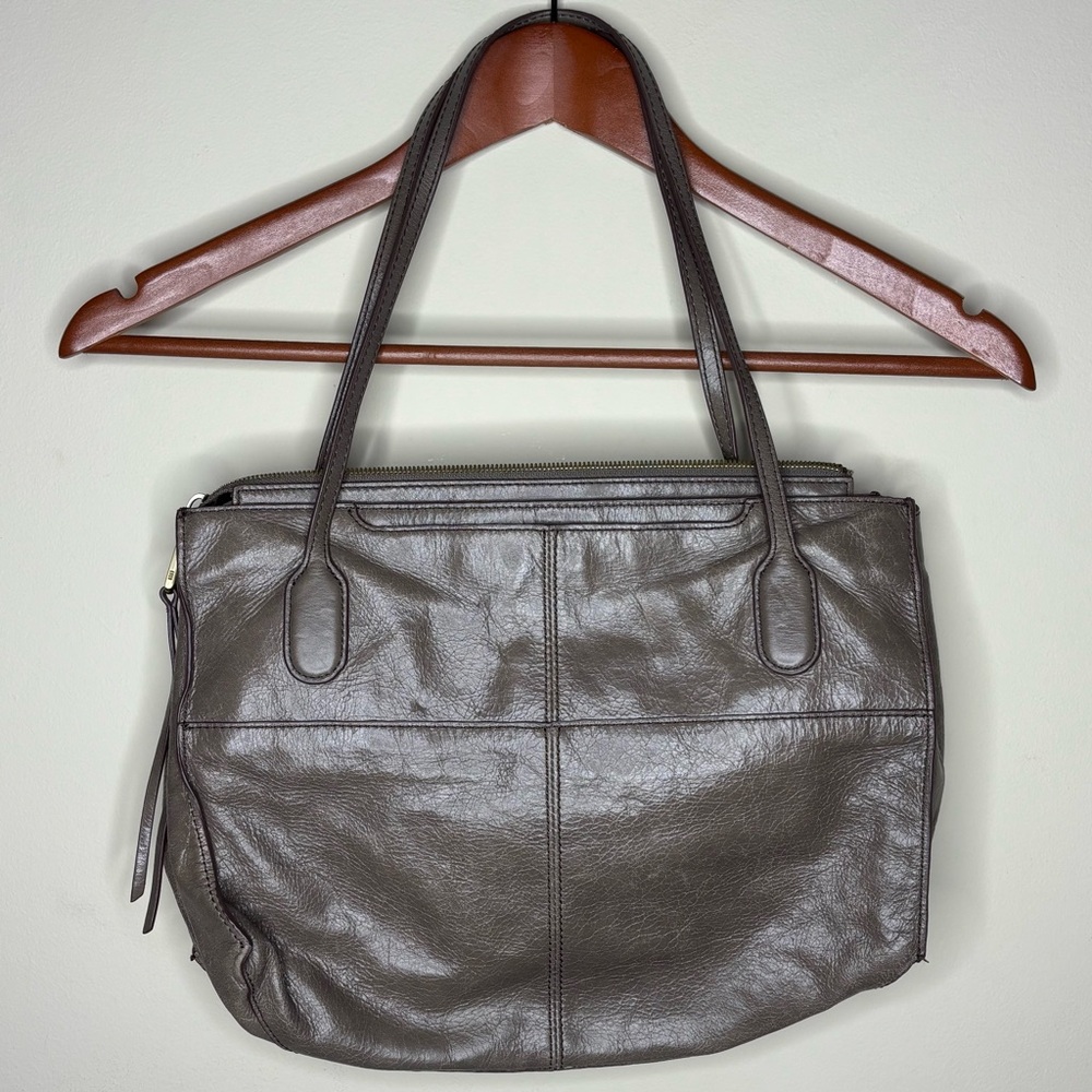 HOBO Tote Handbag Gray Leather Double Handle Multi Pocket Shoulder Bag